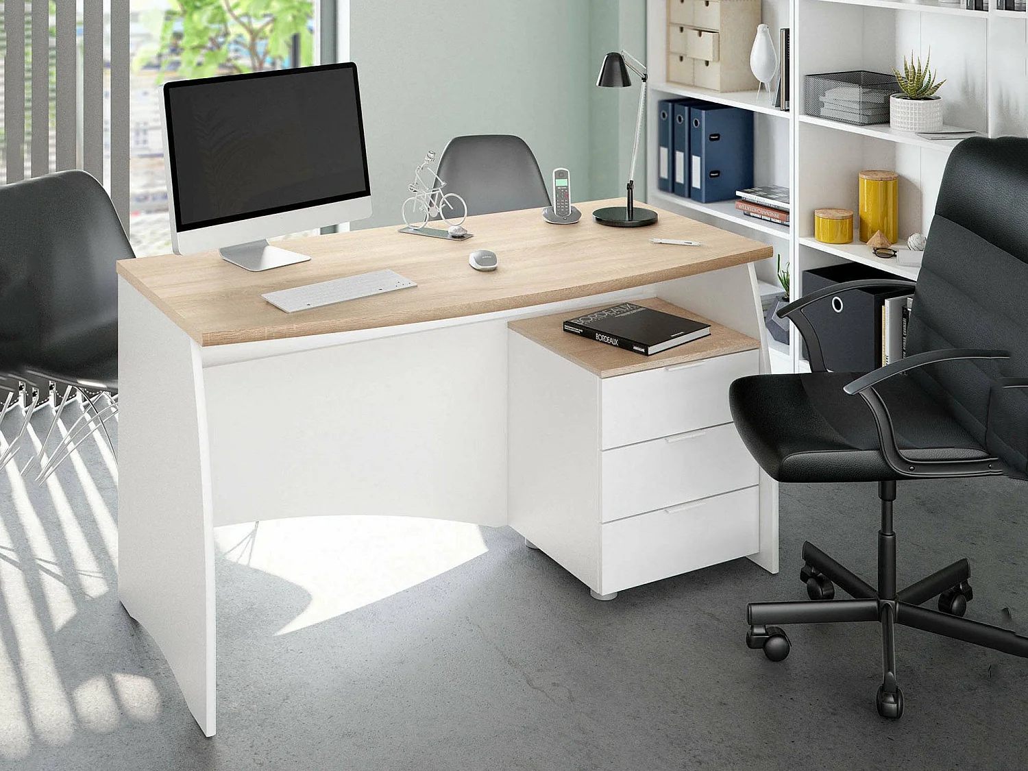 Carrollton Desk, Bureau, Table d'étude PC avec 3 tiroirs, 136x67h74 cm, Blanc et Chêne