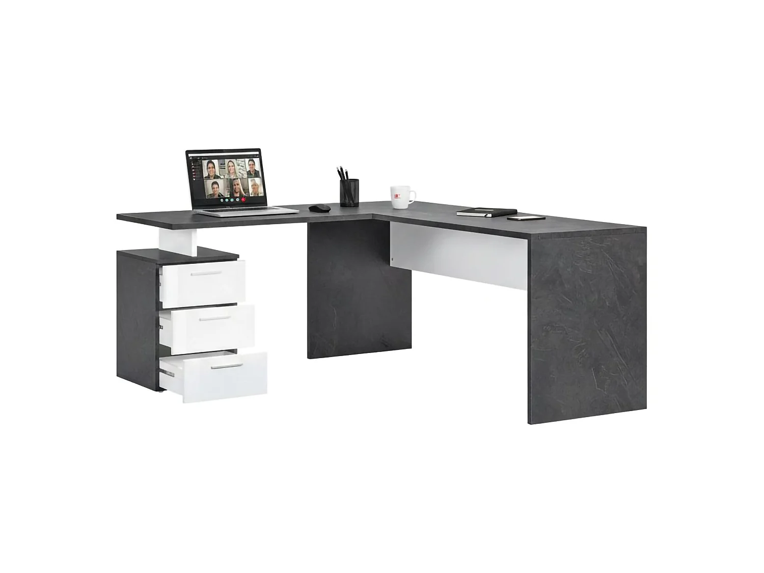 Mark Desk, Bureau PC d'angle, Table de bureau polyvalente, Bureau gain de place multi-positions, 100% Made in Italy, 160x60h75 cm, Ardoise et Blanc Brillant