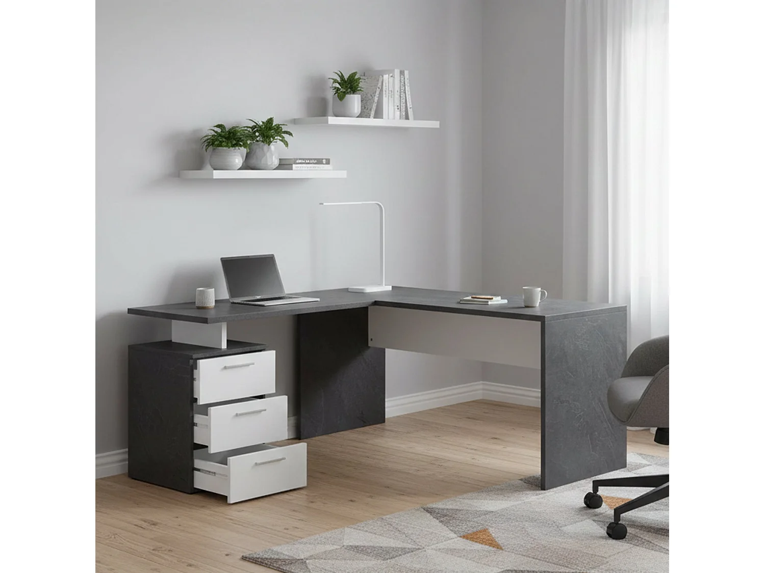 Mark Desk, Bureau PC d'angle, Table de bureau polyvalente, Bureau gain de place multi-positions, 100% Made in Italy, 160x60h75 cm, Ardoise et Blanc Brillant