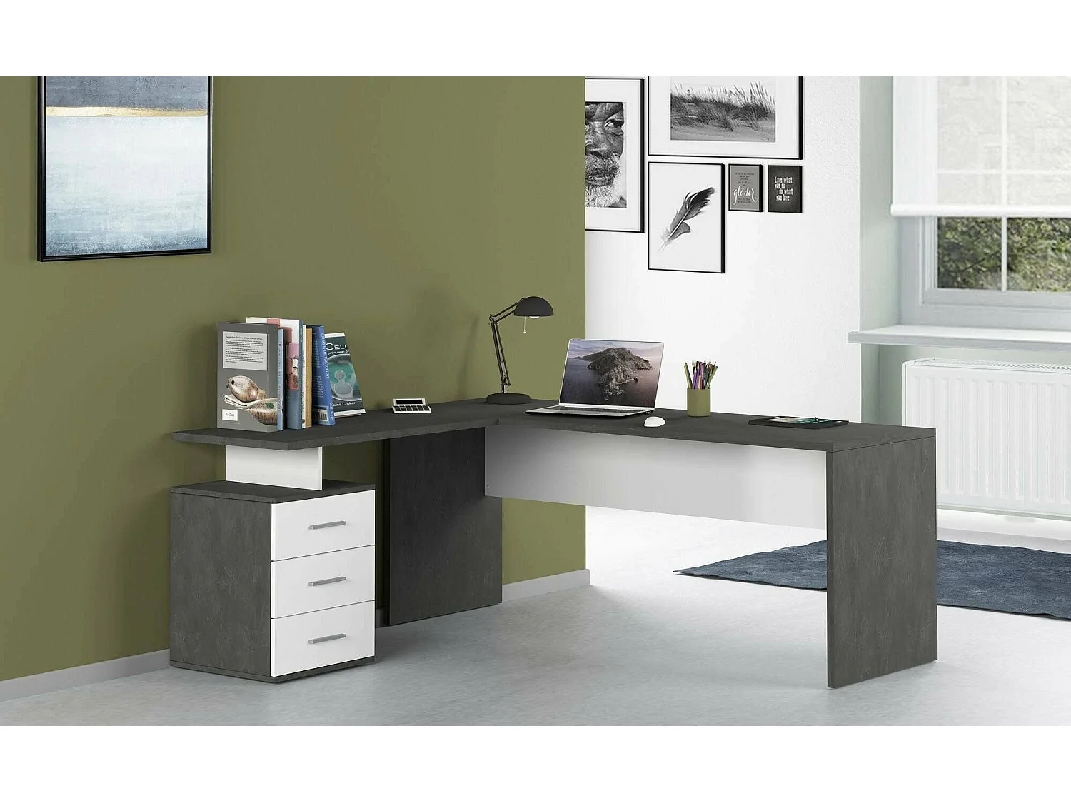 Mark Desk, Bureau PC d'angle, Table de bureau polyvalente, Bureau gain de place multi-positions, 100% Made in Italy, 160x60h75 cm, Ardoise et Blanc Brillant