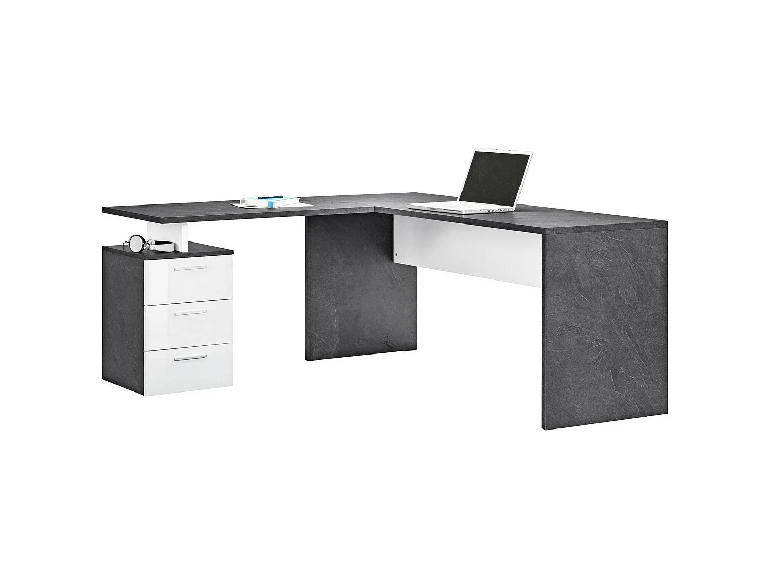 Dmora Bureau Mark 60x180x75h cm Glanzend Grijs, 3 Laden Modulair Hoek, Gemaakt in Italië
