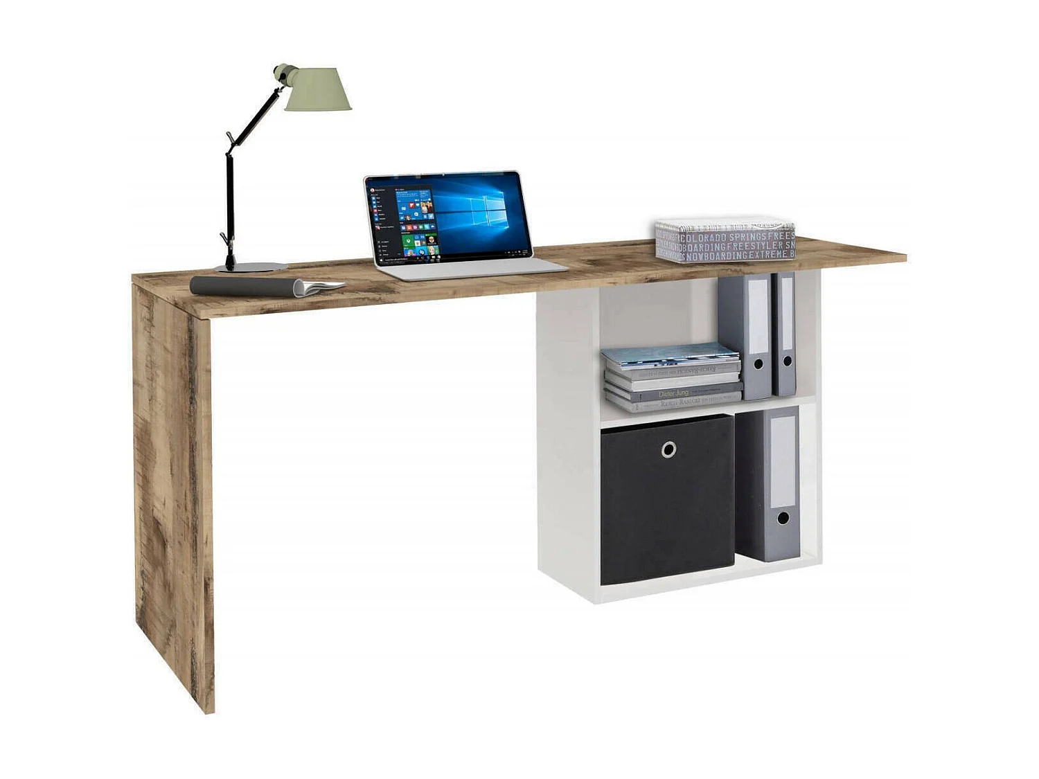Scrivania Raimondo, Scrittoio lineare porta PC, Tavolo multiuso per ufficio, Scrivania salvaspazio, 100% Made in Italy, cm 110x50h75, Bianco lucido e Acero
