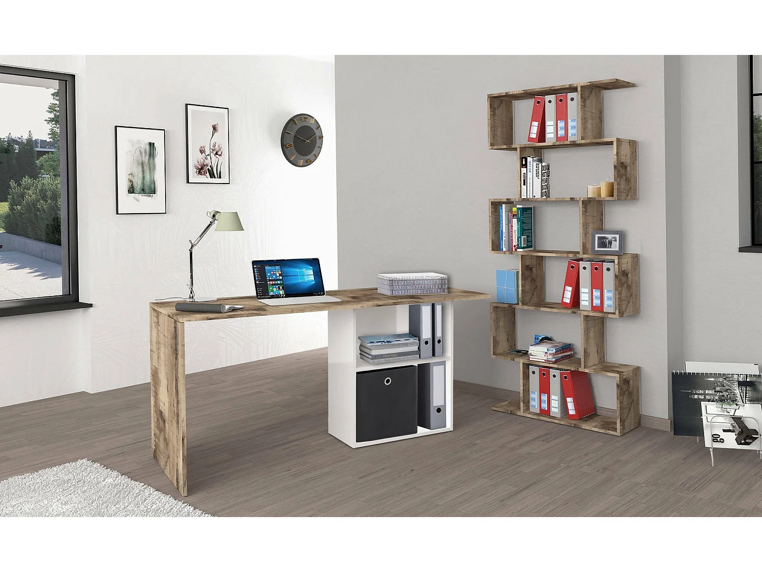 Scrivania Raimondo, Scrittoio lineare porta PC, Tavolo multiuso per ufficio, Scrivania salvaspazio, 100% Made in Italy, cm 110x50h75, Bianco lucido e Acero