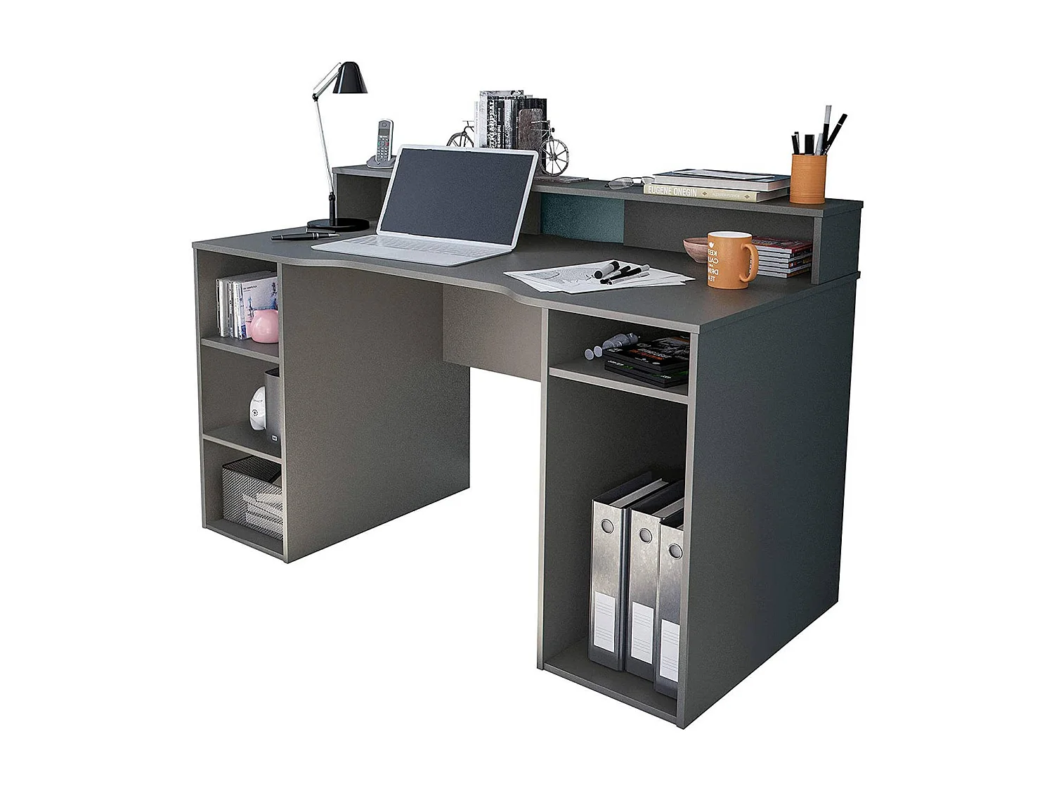 Bureau Phoenix, Bureau de jeu multifonction moderne, Table d'étude pour PC et support CD, Table d'étude avec étagères, 136x67h88 cm, Anthracite