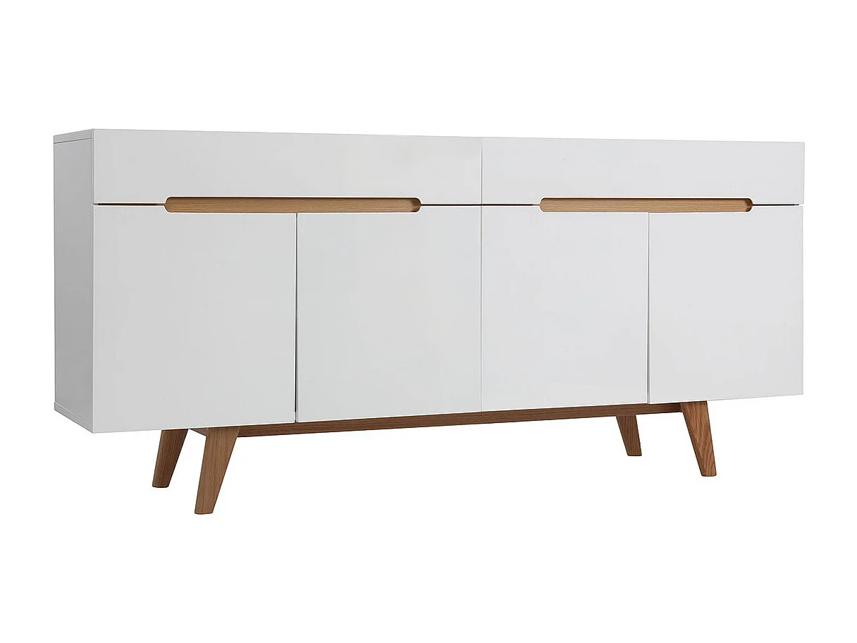 Buffet scandinave blanc laqué brillant et finition bois clair 4 portes 2 tiroirs L180 cm MELKA