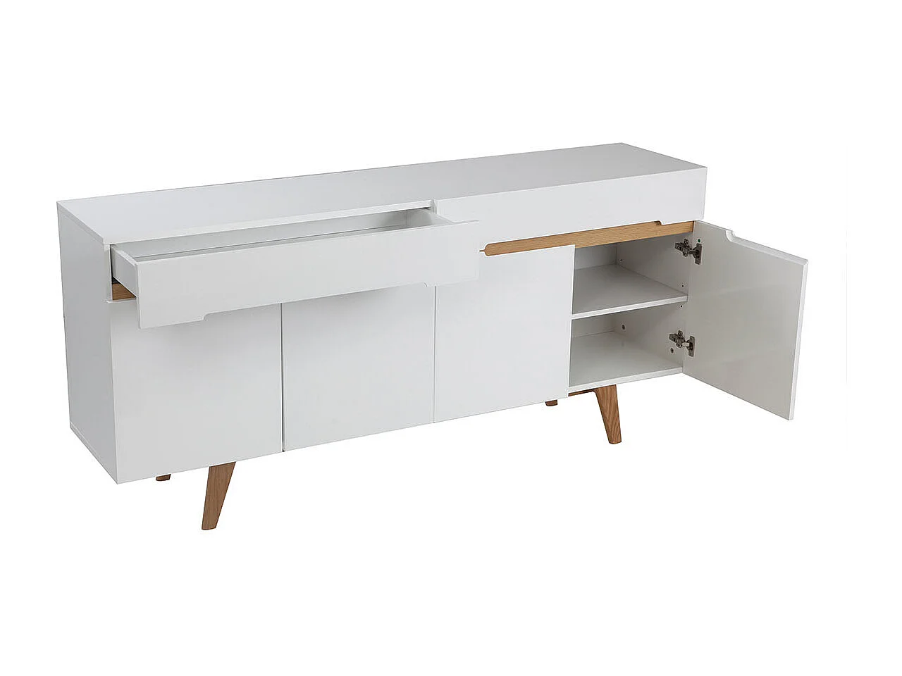 Buffet scandinave blanc laqué brillant et finition bois clair 4 portes 2 tiroirs L180 cm MELKA
