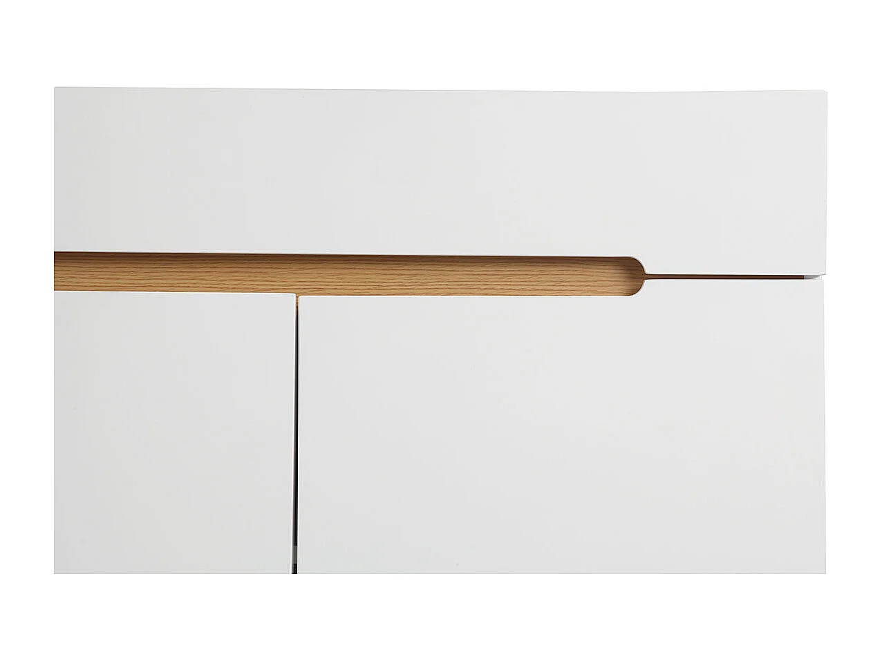 Buffet scandinave blanc laqué brillant et finition bois clair 4 portes 2 tiroirs L180 cm MELKA