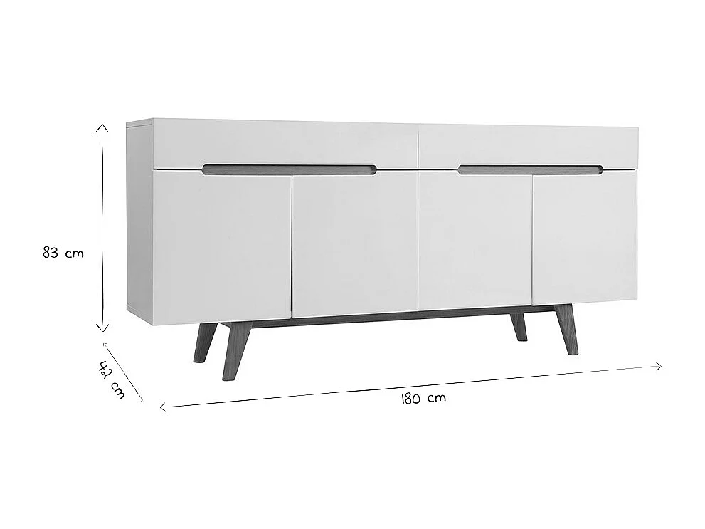 Buffet scandinave blanc laqué brillant et finition bois clair 4 portes 2 tiroirs L180 cm MELKA
