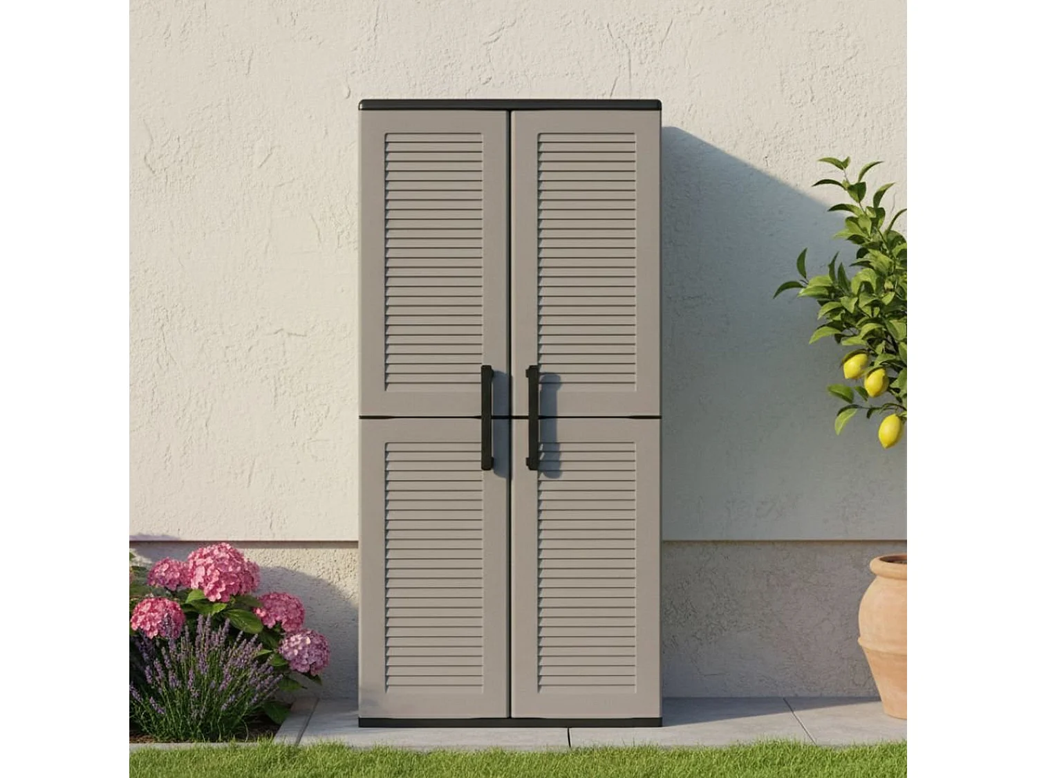 Armoire d'extérieur Clavier, Meubles de balcon, Armoire polyvalente avec étagères, 100% Made in Italy, 68x37h163 cm, Gris et Noir, Finition rayée