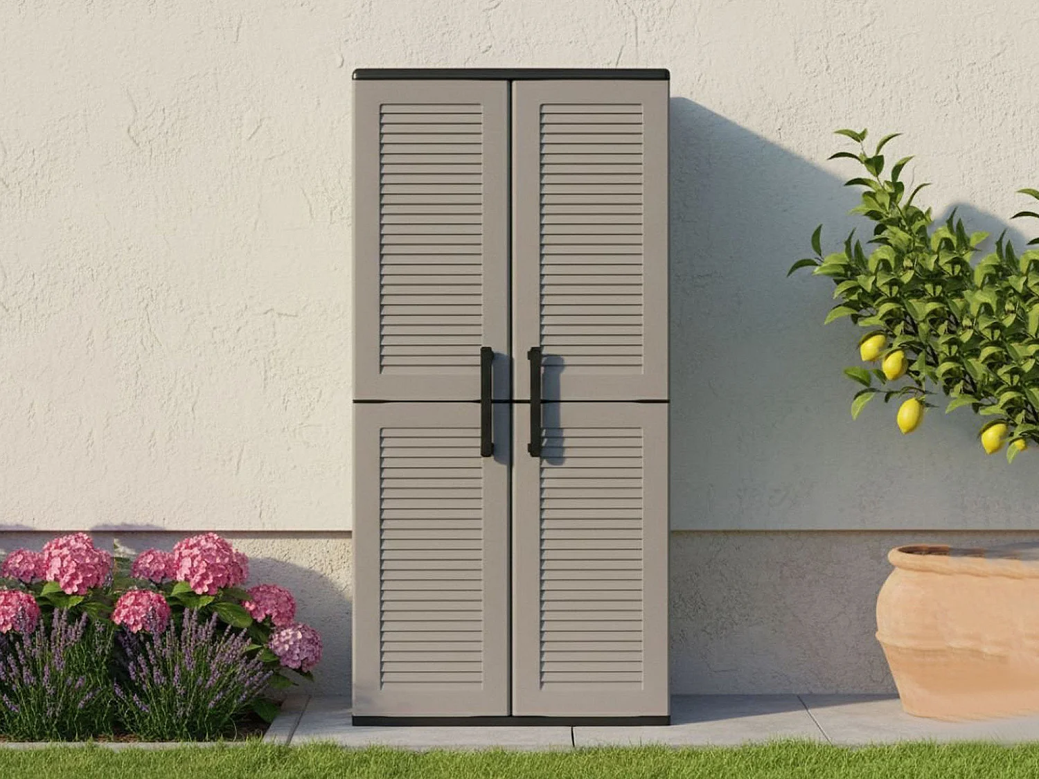 Armadio da Esterno Akina, 3 Ripiani Made in Italy, 37x68x163h cm Grigio, Mobile da Giardino