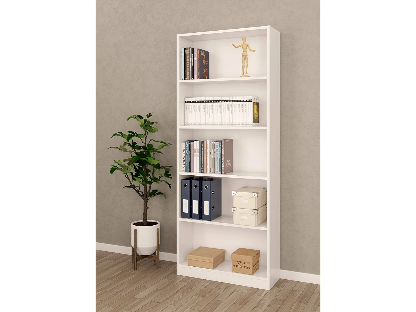 Dmora Boekenkast Boston 28x80x201 cm Wit, 4 Planken Vrijstaand, Materialen: Gefineerd Hout