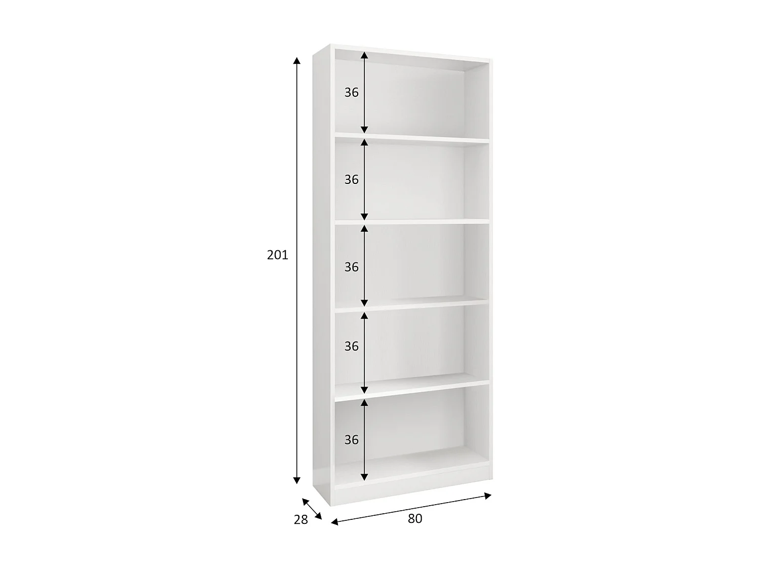 Dmora Boekenkast Boston 28x80x201 cm Wit, 4 Planken Vrijstaand, Materialen: Gefineerd Hout
