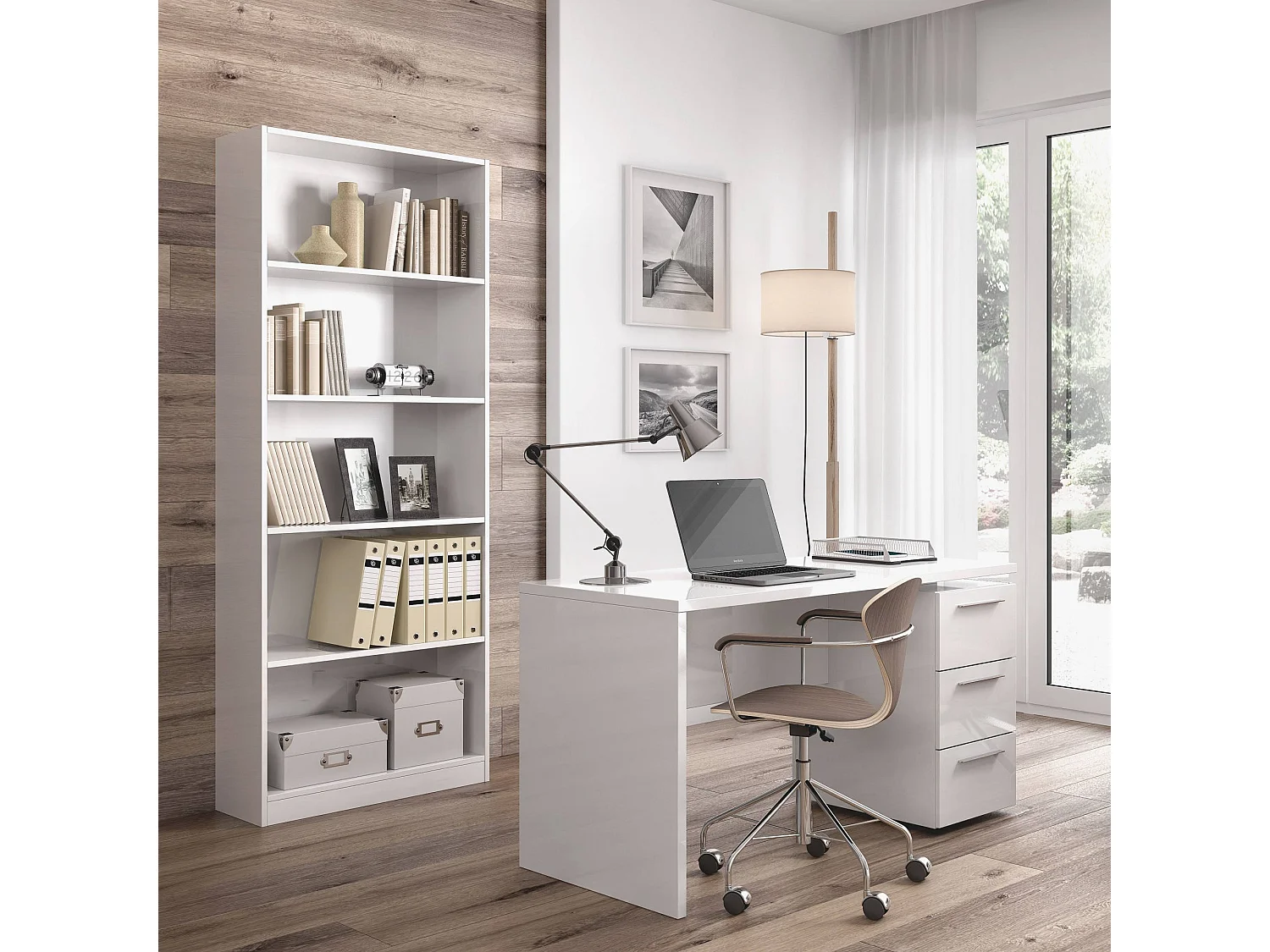 Dmora Boekenkast Boston 28x80x201 cm Wit, 4 Planken Vrijstaand, Materialen: Gefineerd Hout