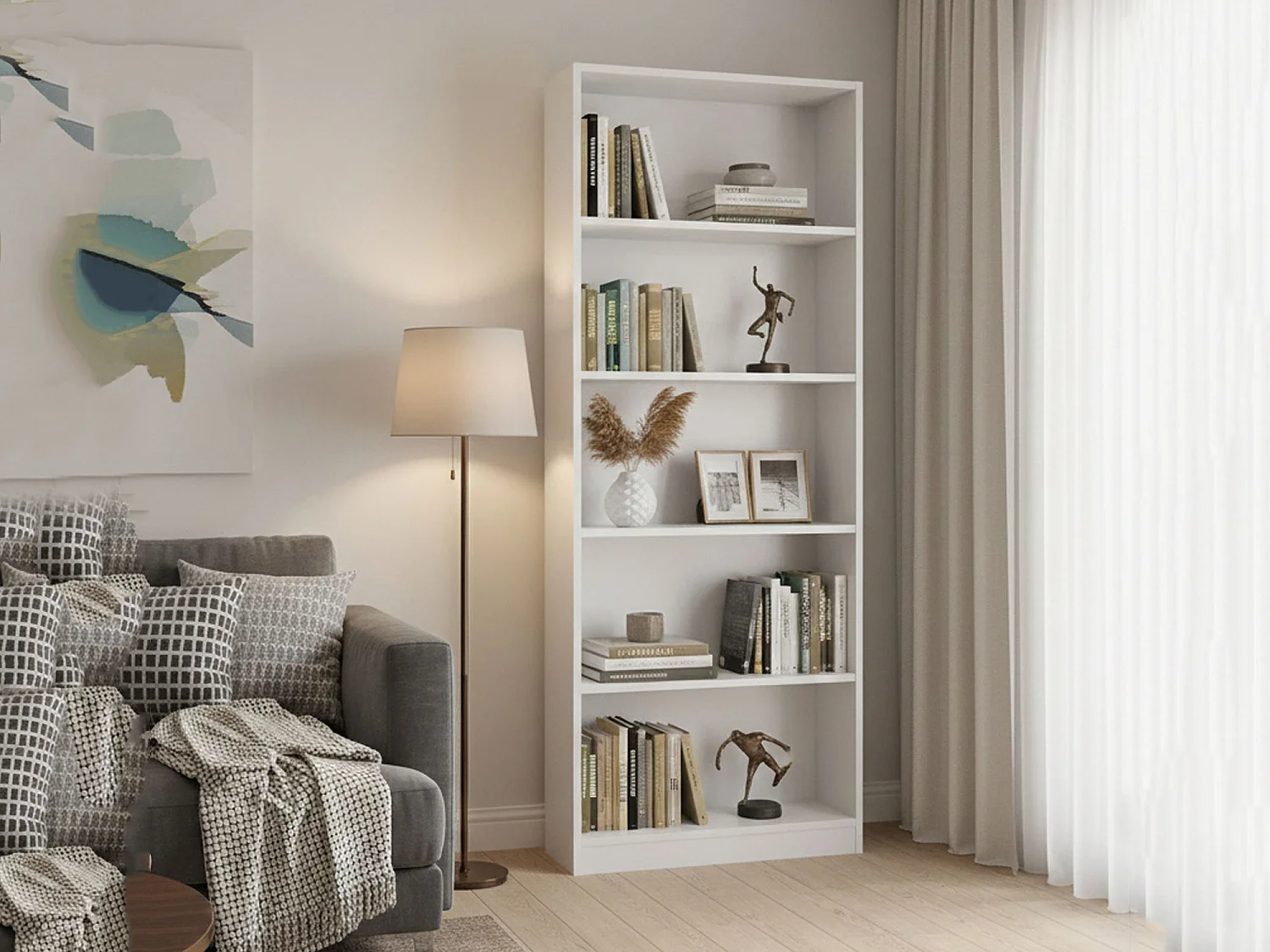 Estante Boston, Estante linear com 4 prateleiras, Estante de escritório ou quarto, Estante moderna, 80x28h201 cm, Branco
