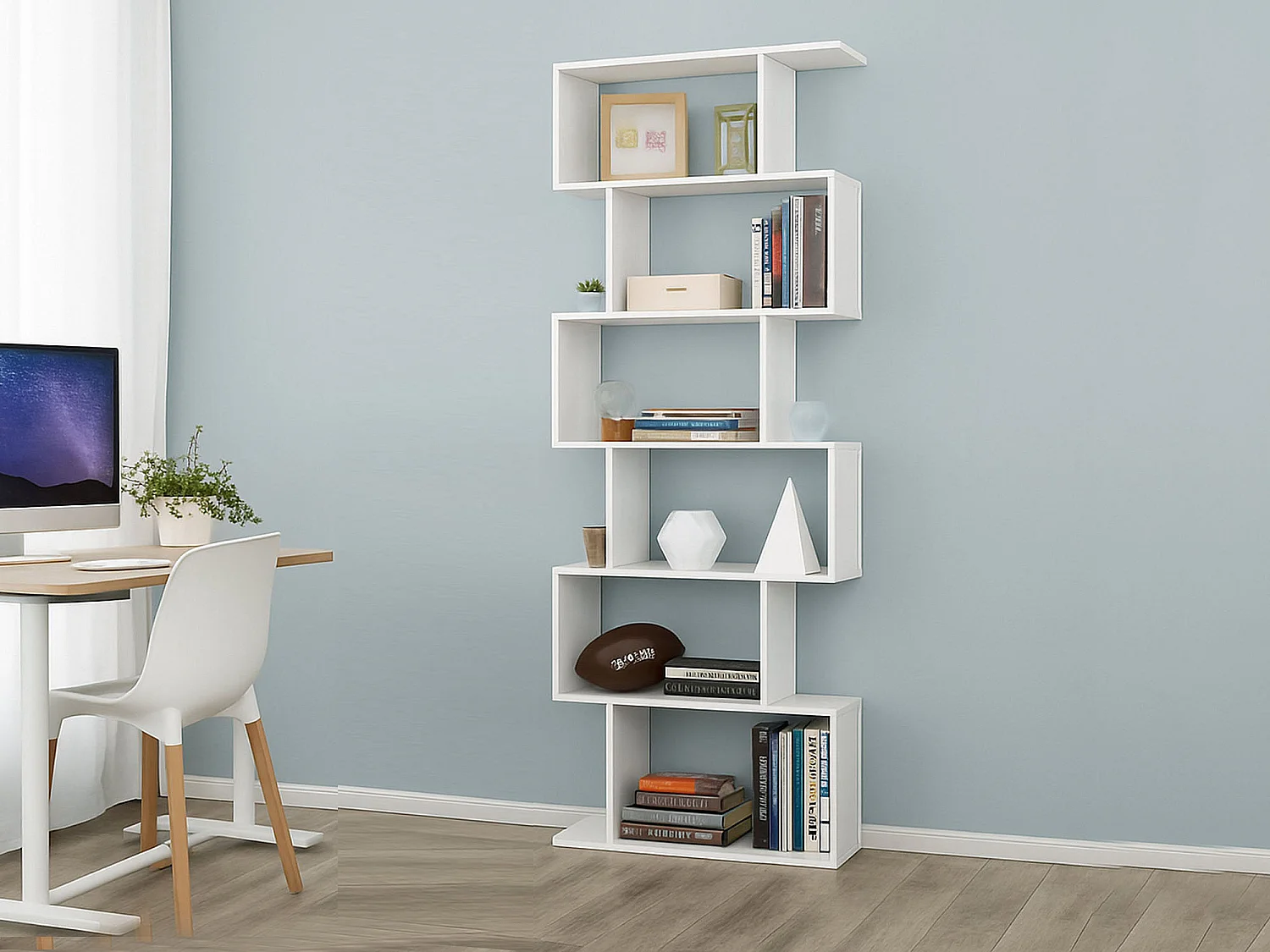 Dmora Boekenkast Lucio 25x80x192h cm Glanzend Wit 5 Planken, Wandmontage, Zigzagstructuur Made in Italy