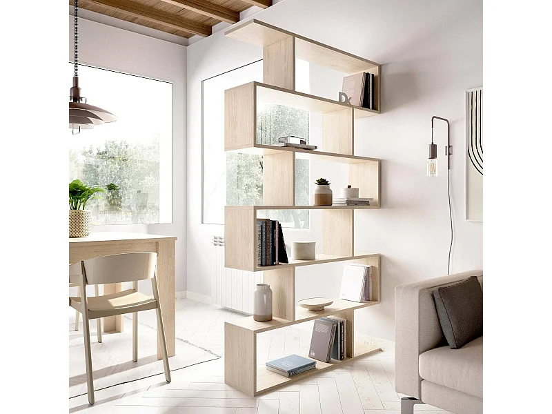 Dfomme boekenkast, Hoge dubbelzijdige boekenkast, Verdeelplank met 5 planken, Moderne kantoorplank, 80x24h192 cm, Eiken