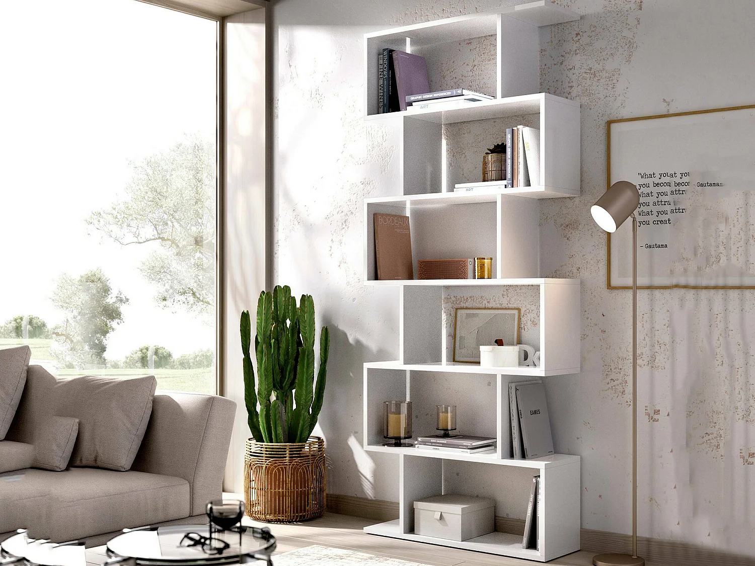 Dmora Boekenrek Misma 25x80x190h cm Glanzend Wit 5 Planken, Muurmontage, Verticale Structuur Bibliotheek