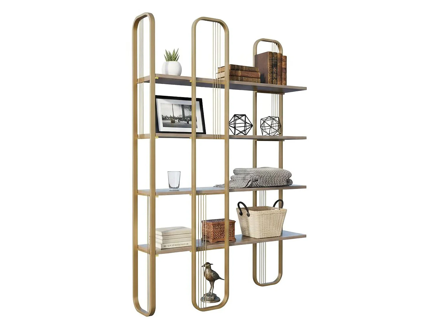 Bibliothèque Almena, Etagère de bureau, Porte-livre mobile, Librairie, 125x28h180 cm, Or