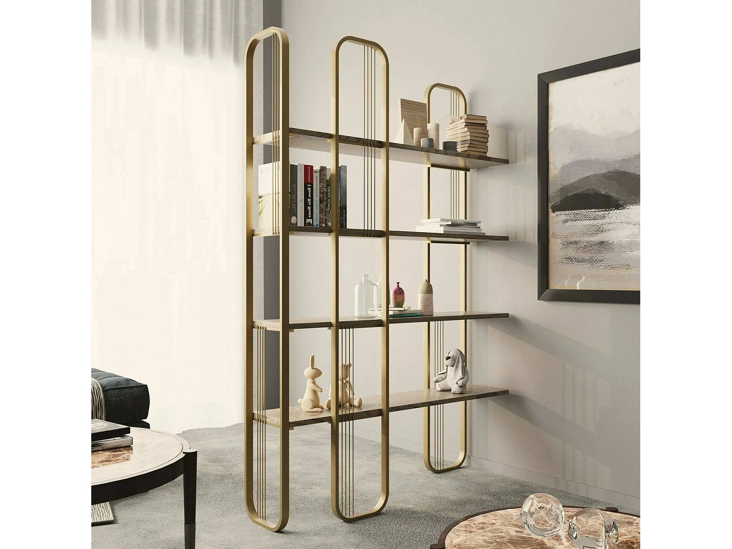 Bibliothèque Almena, Etagère de bureau, Porte-livre mobile, Librairie, 125x28h180 cm, Or