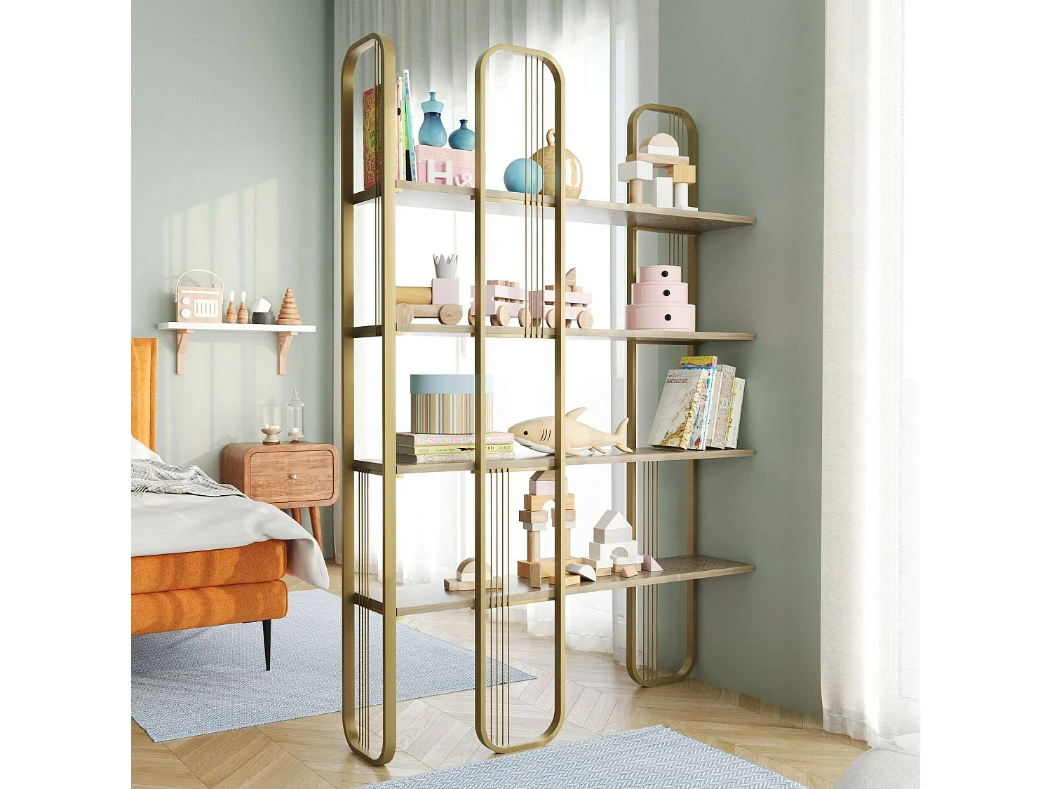 Bibliothèque Almena, Etagère de bureau, Porte-livre mobile, Librairie, 125x28h180 cm, Or
