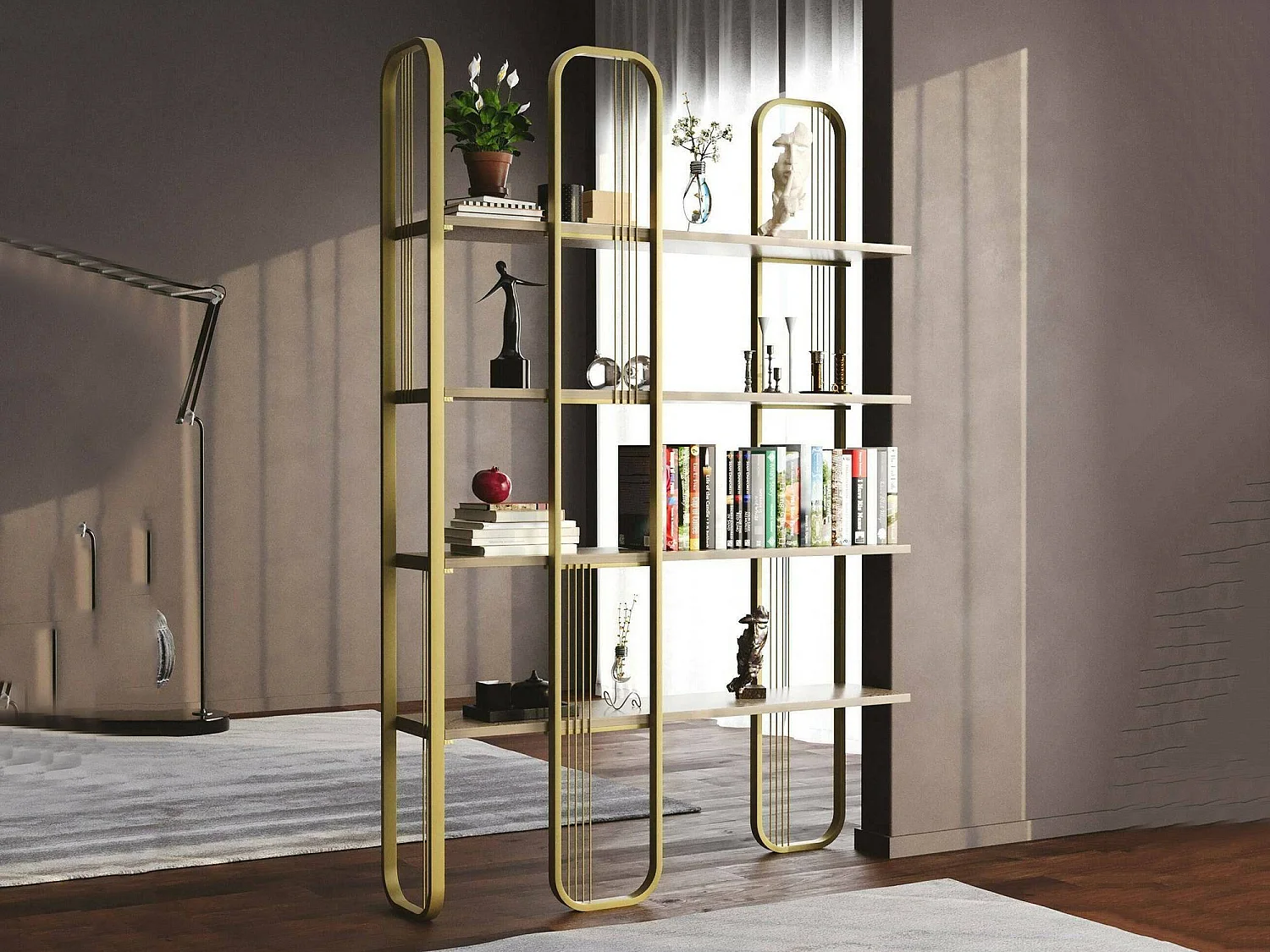 Bibliothèque Almena, Etagère de bureau, Porte-livre mobile, Librairie, 125x28h180 cm, Or