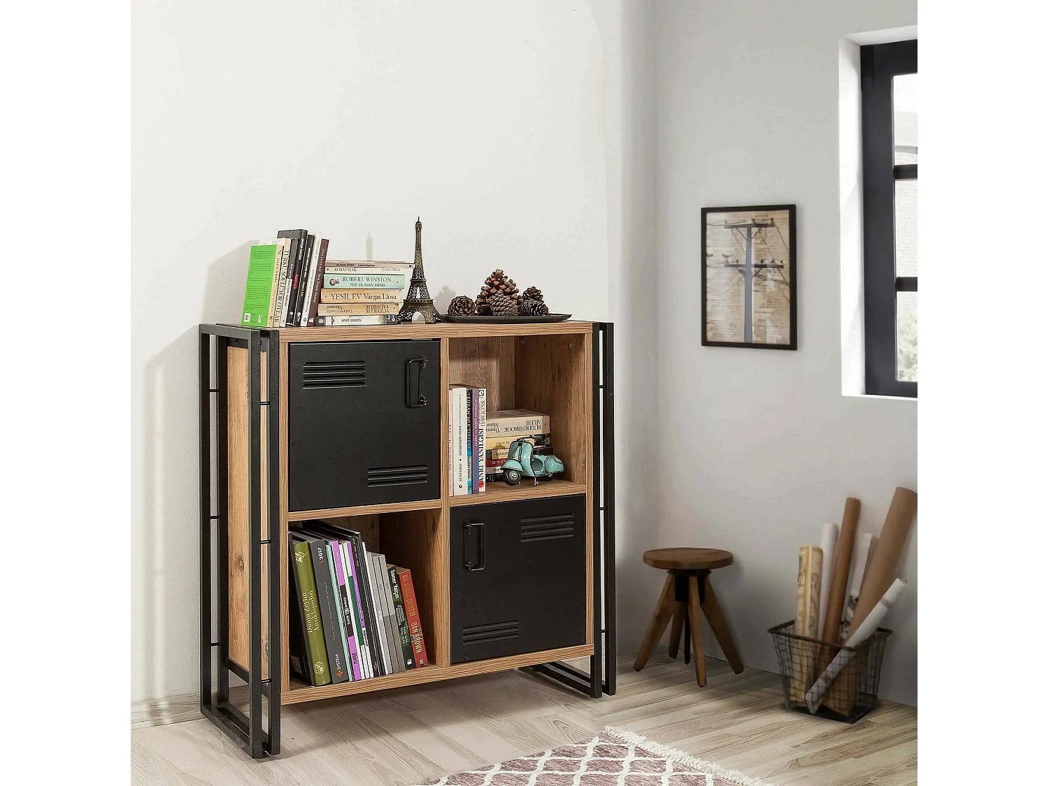 Bibliothèque Orion, Etagère de bureau, Porte-livre mobile, Librairie, 89x35h89 cm, Chêne et Noir