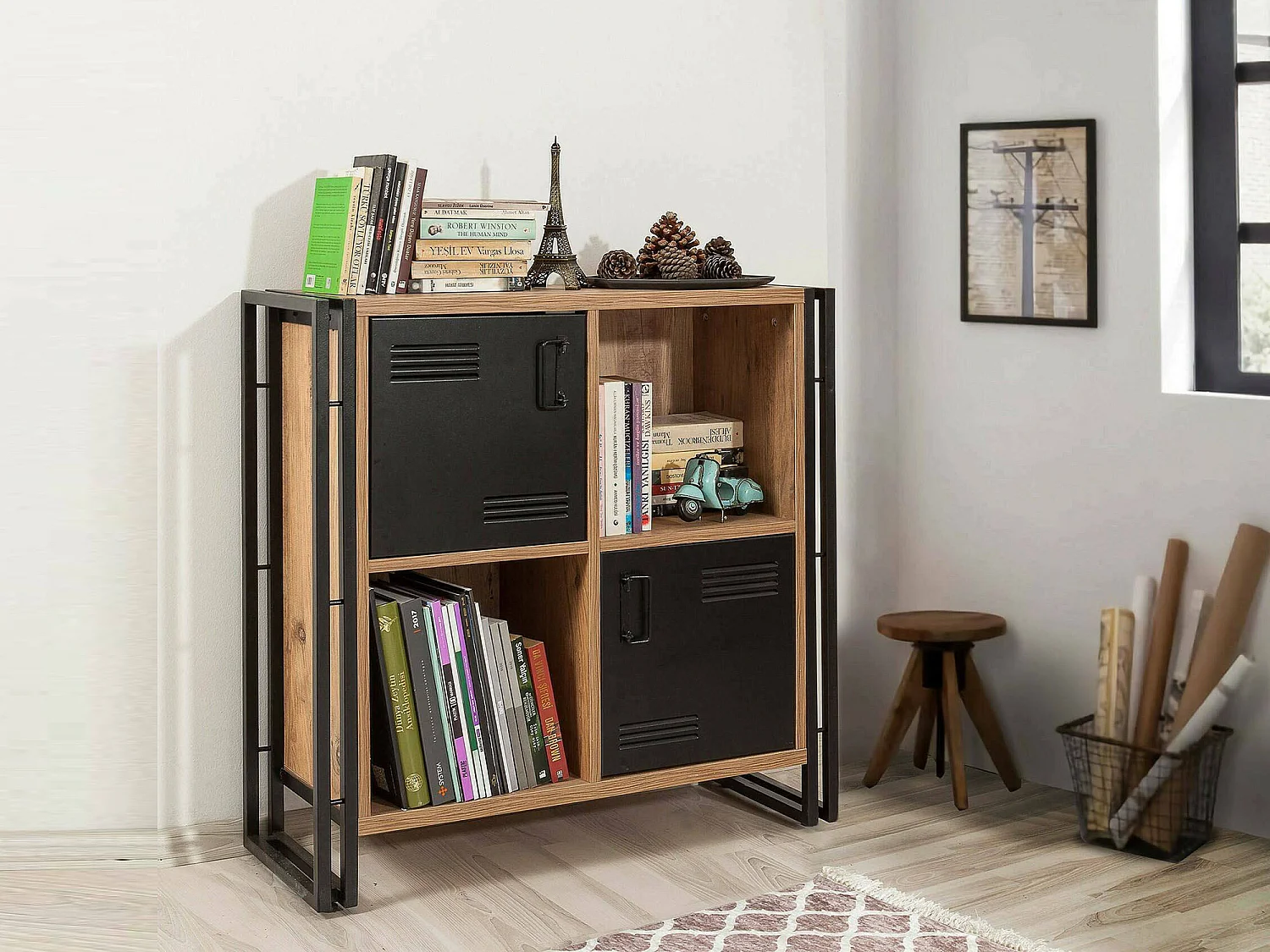 Estante Dpecorin, Estante de escritório, Estante de livros móvel, Biblioteca, 89x35h89 cm, Carvalho e Preto