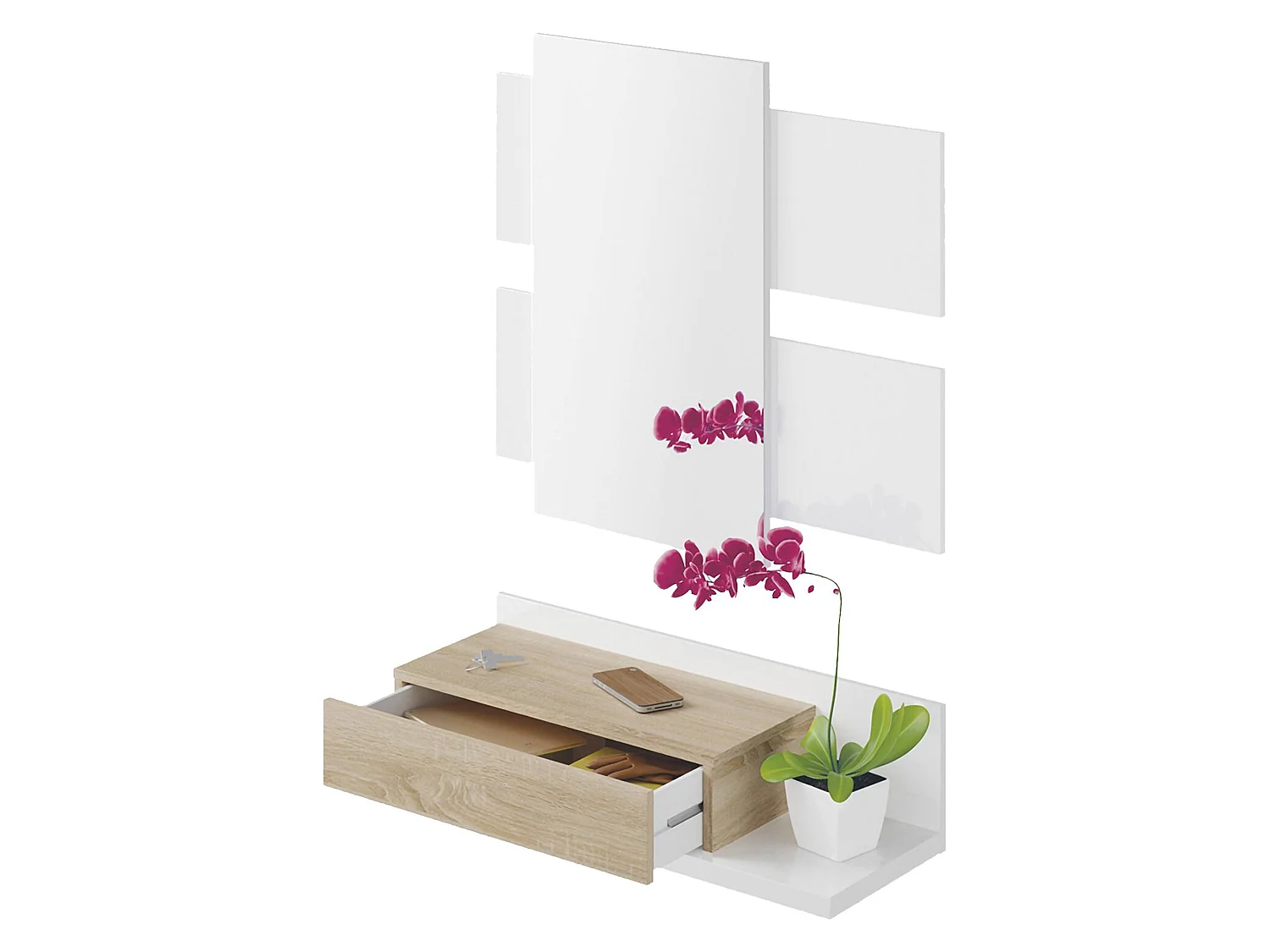 Dmora Halmeubel Erie 29x75x90h cm Wit, spiegel inbegrepen: met lade en plank