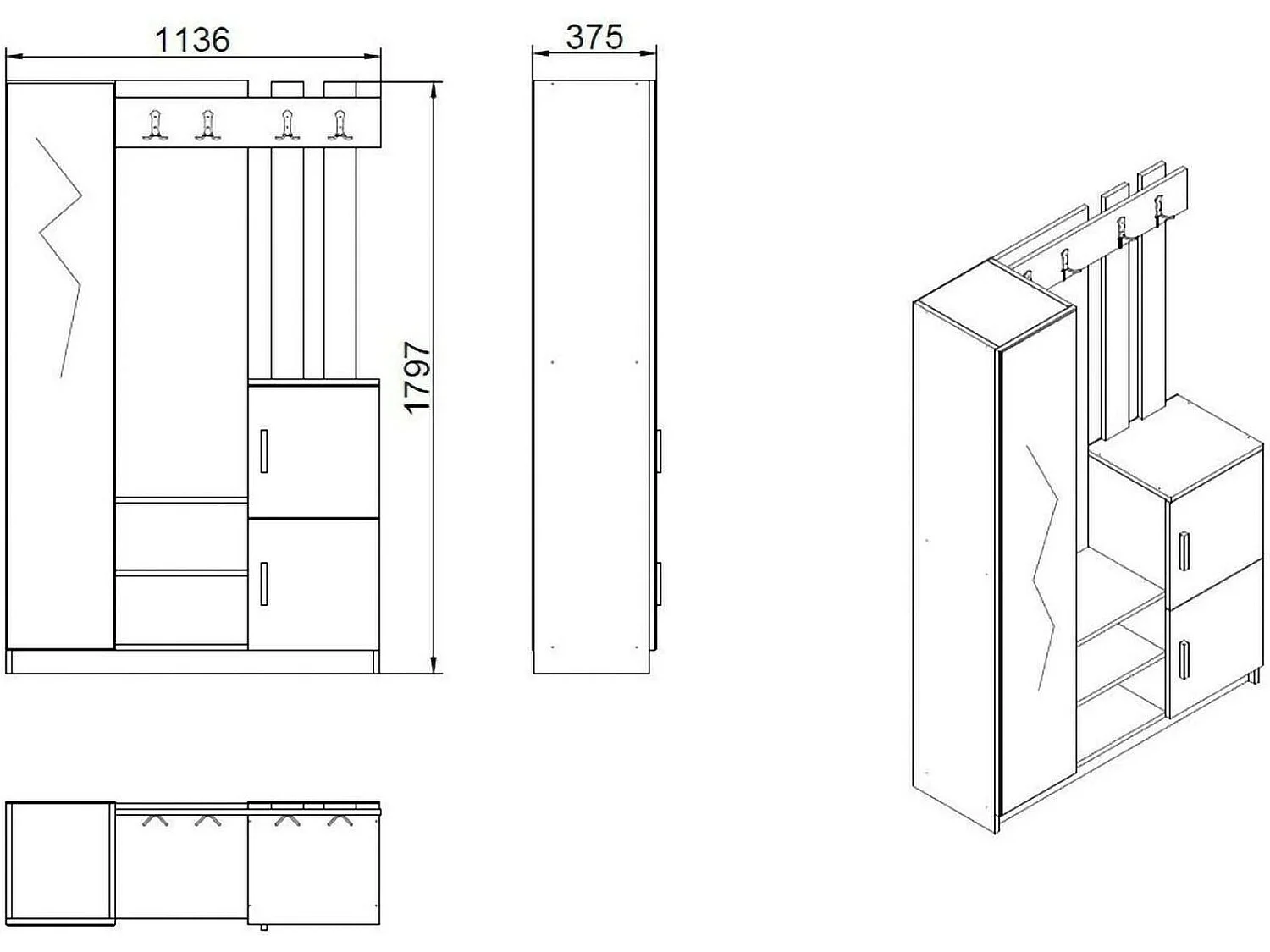 Meuble d'entrée Australis, Crochet d'entrée, Composition pour l'atrium, Console de rangement multifonction, 114x38h180 cm, Chêne et Anthracite