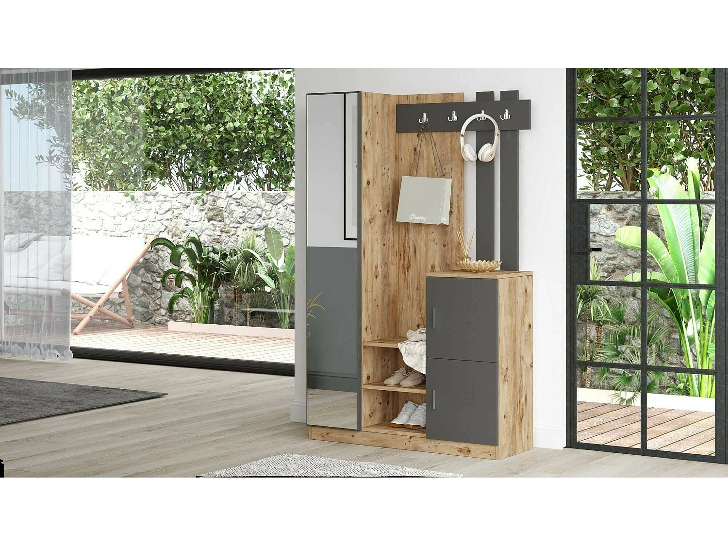 Meuble d'entrée Australis, Crochet d'entrée, Composition pour l'atrium, Console de rangement multifonction, 114x38h180 cm, Chêne et Anthracite