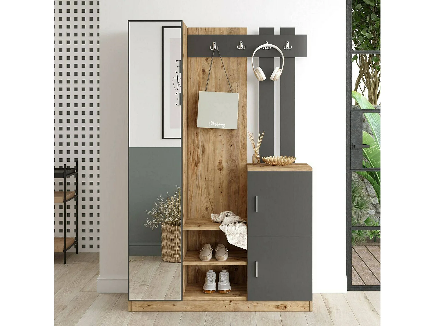 Meuble d'entrée Australis, Crochet d'entrée, Composition pour l'atrium, Console de rangement multifonction, 114x38h180 cm, Chêne et Anthracite