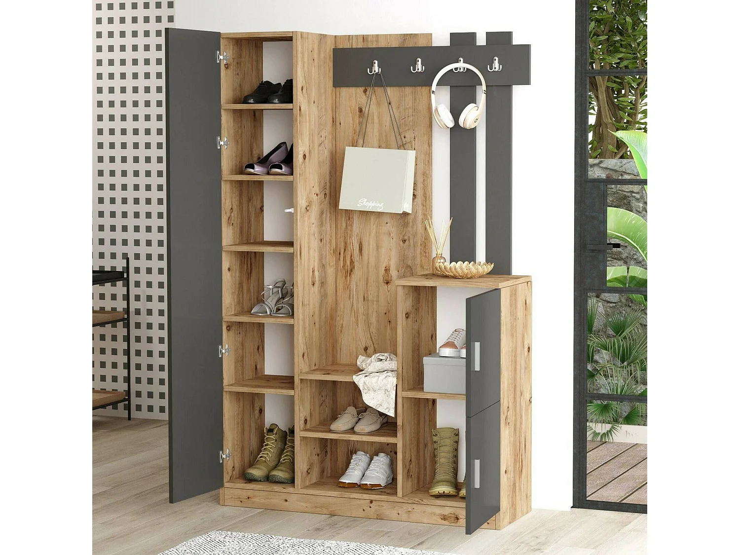 Meuble d'entrée Australis, Crochet d'entrée, Composition pour l'atrium, Console de rangement multifonction, 114x38h180 cm, Chêne et Anthracite