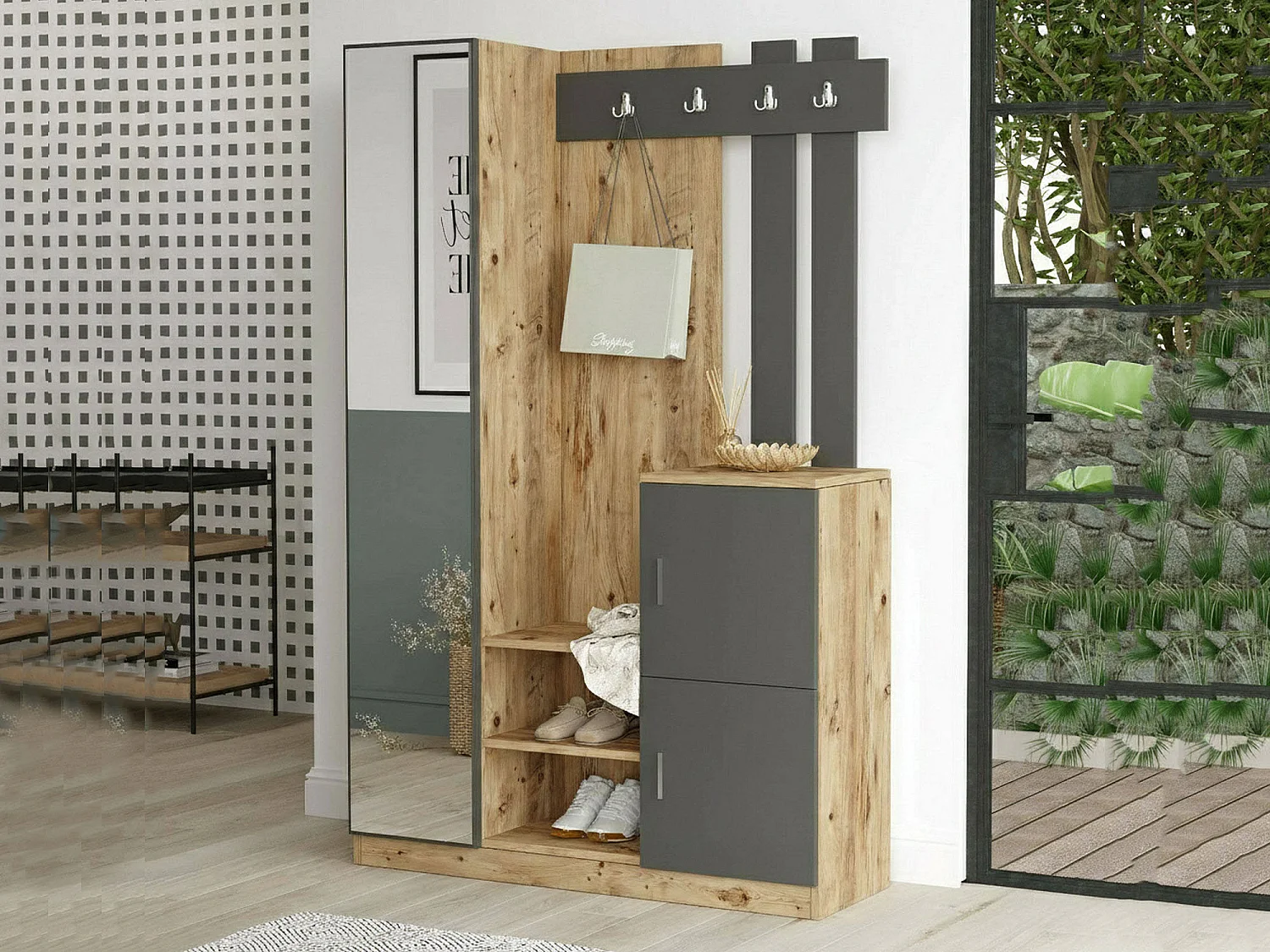 Meuble d'entrée Australis, Crochet d'entrée, Composition pour l'atrium, Console de rangement multifonction, 114x38h180 cm, Chêne et Anthracite