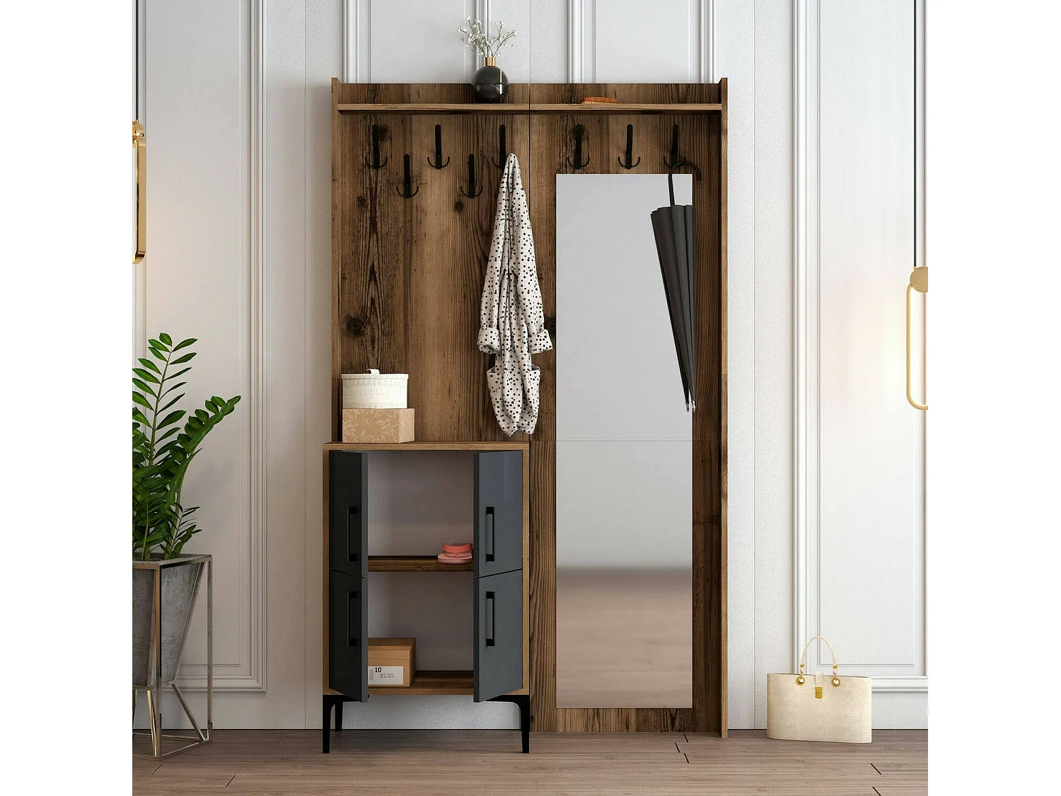 Meuble d'entrée Pollux, Crochet d'entrée, Composition pour l'atrium, Console de rangement multifonction, 120x35h200 cm, Noyer et Anthracite