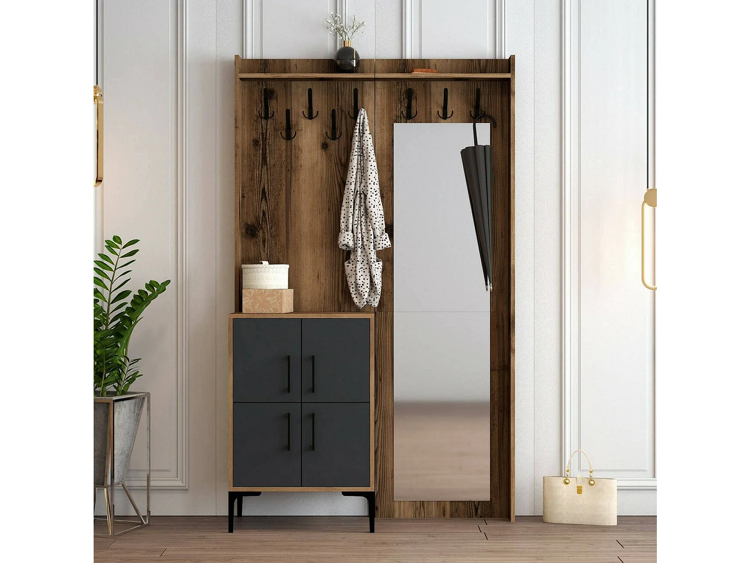 Meuble d'entrée Pollux, Crochet d'entrée, Composition pour l'atrium, Console de rangement multifonction, 120x35h200 cm, Noyer et Anthracite