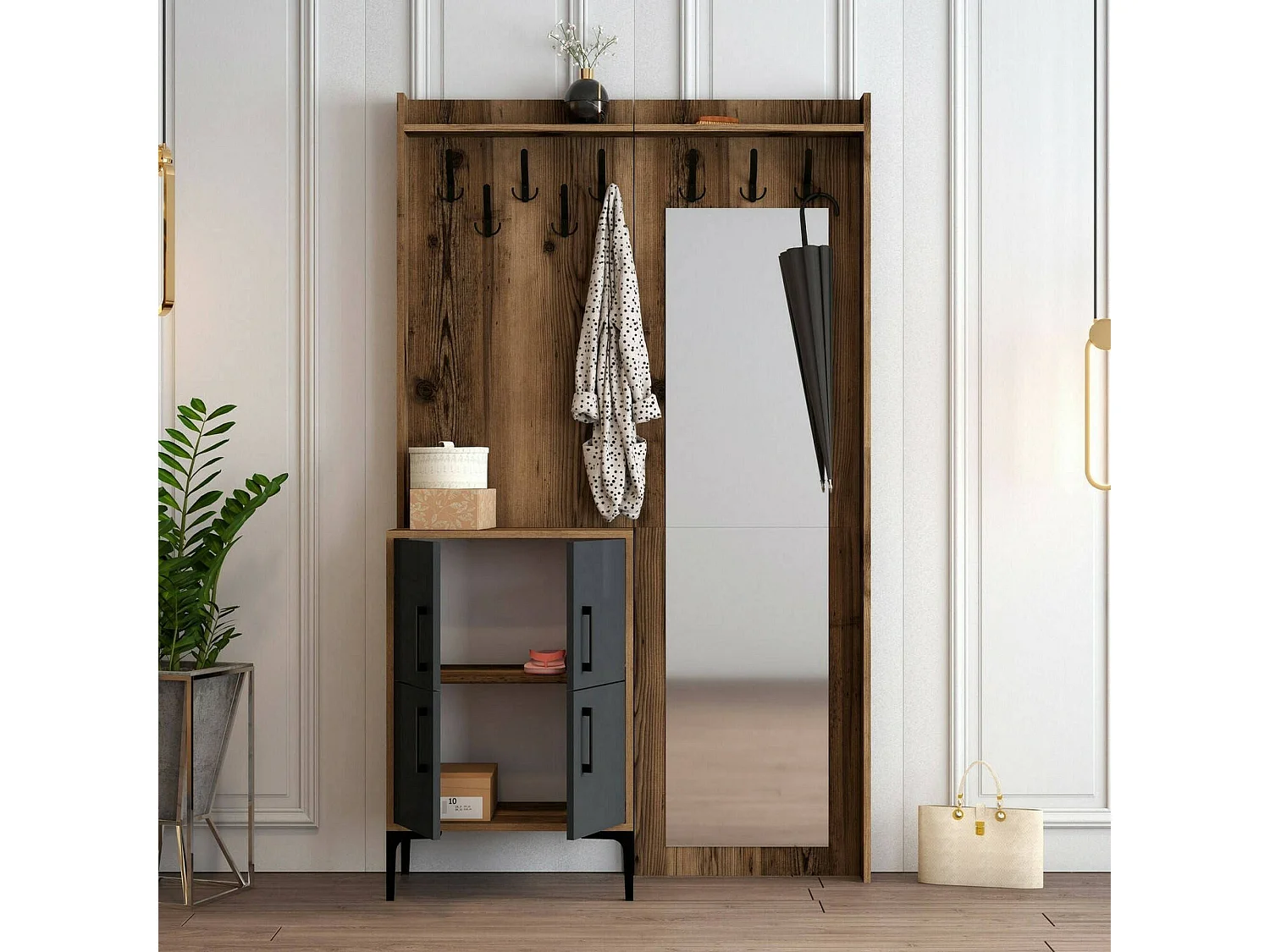 Meuble d'entrée Pollux, Crochet d'entrée, Composition pour l'atrium, Console de rangement multifonction, 120x35h200 cm, Noyer et Anthracite