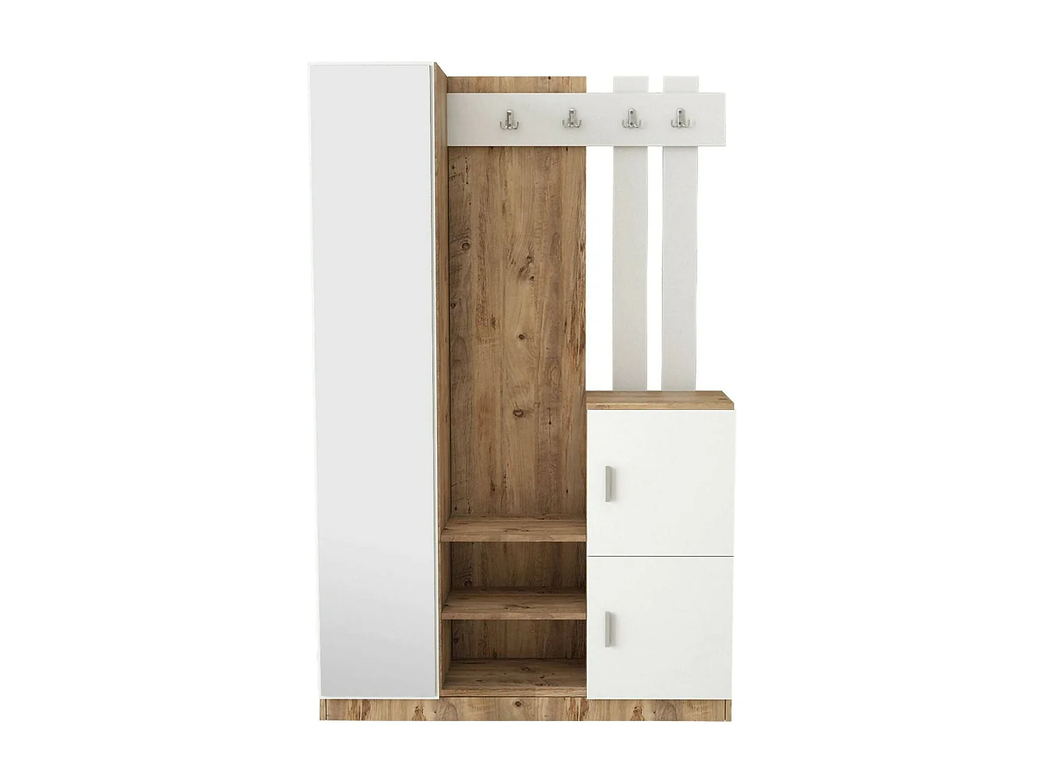Dgagn-ingangsmeubel, entree-hanger, atrium-opstelling, mup-functionele houderhouder, 114x38h180 cm, Eik en wit