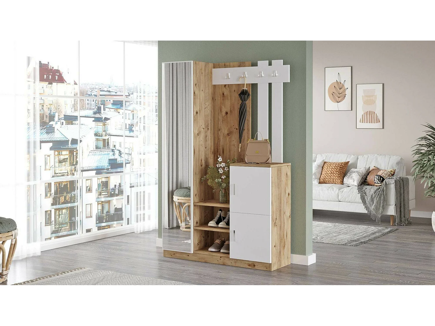Dgagn-ingangsmeubel, entree-hanger, atrium-opstelling, mup-functionele houderhouder, 114x38h180 cm, Eik en wit