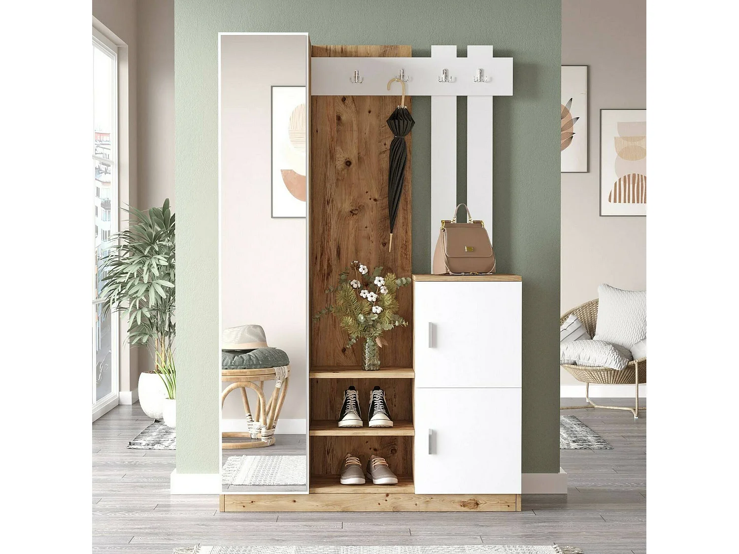 Dgagn-ingangsmeubel, entree-hanger, atrium-opstelling, mup-functionele houderhouder, 114x38h180 cm, Eik en wit