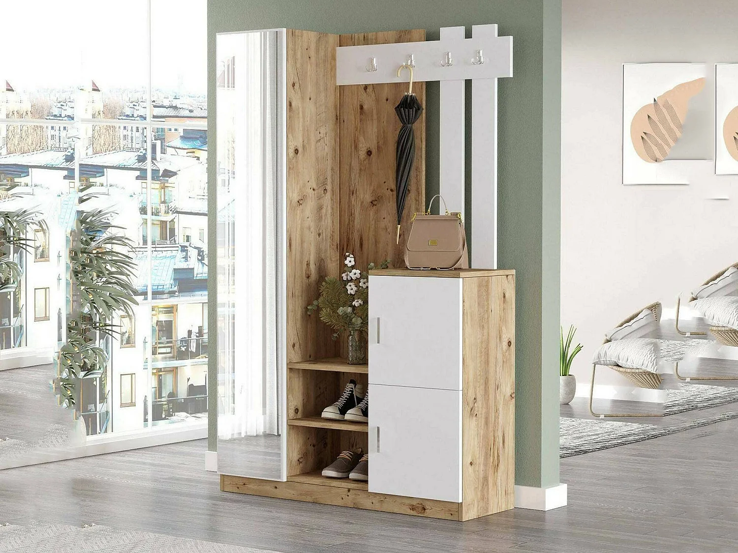 Mobile da Ingresso Arco, Specchio Incluso, 37.5x113.6x179.7h cm Marrone Quercia