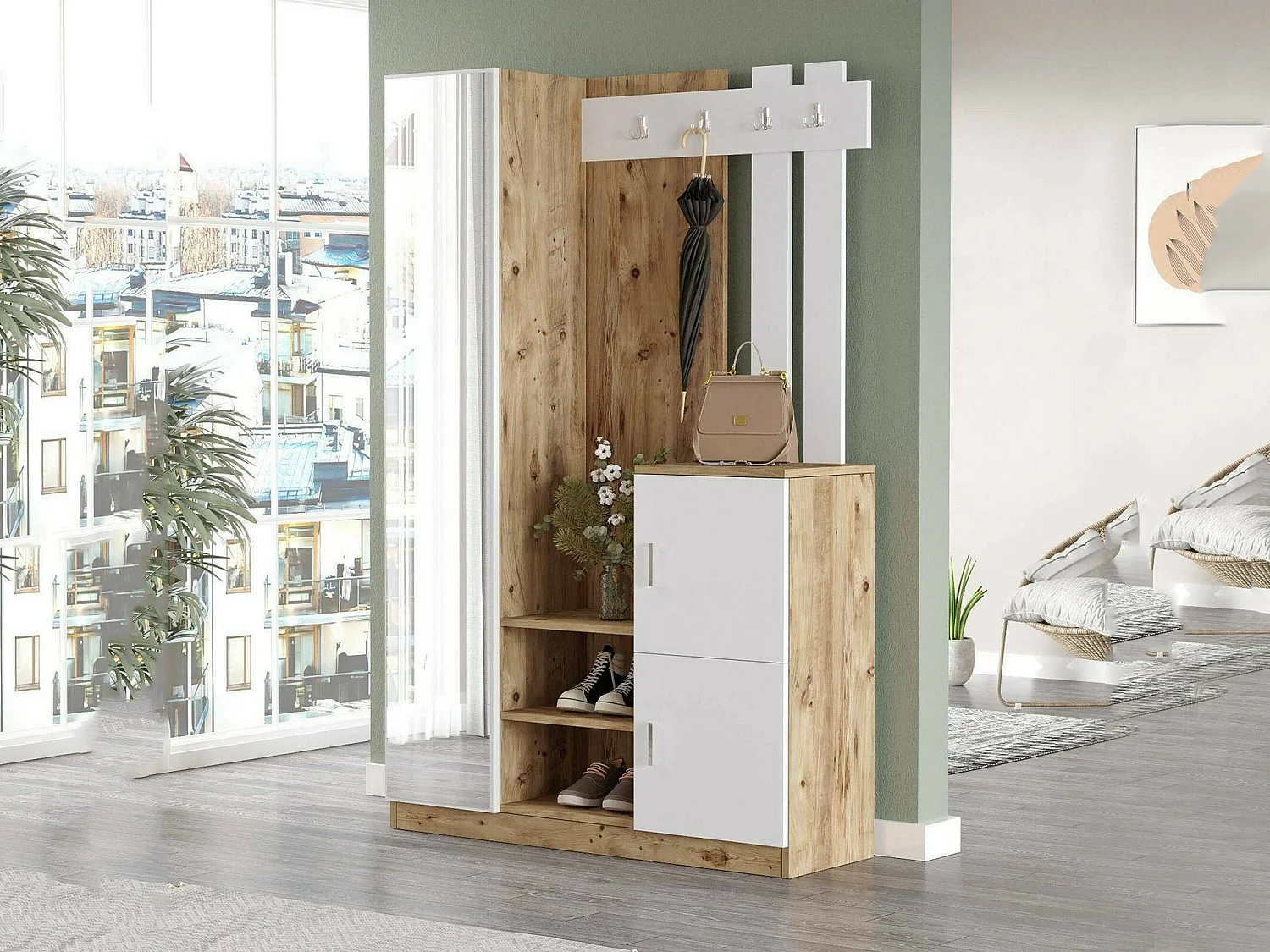 Meuble d'entrée Australis, Crochet d'entrée, Composition pour l'atrium, Console de rangement multifonction, 114x38h180 cm, Chêne et Blanc