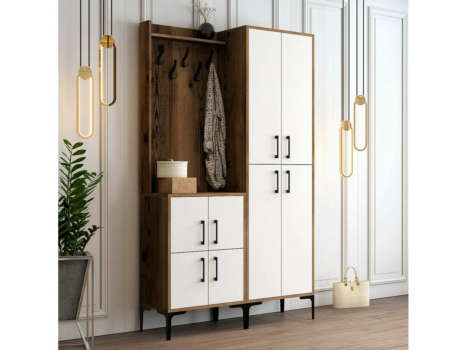 Eingangsmöbel Dgottard, Moderner Eingang, Wandgarderobe, Multifunktions-Aufbewahrungskonsole, 120x35h200 cm, Walnuss und WeiÃŸ