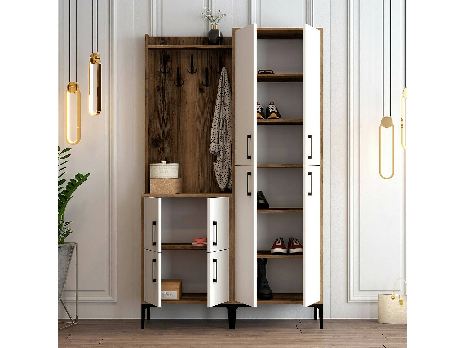 Eingangsmöbel Dgottard, Moderner Eingang, Wandgarderobe, Multifunktions-Aufbewahrungskonsole, 120x35h200 cm, Walnuss und WeiÃŸ