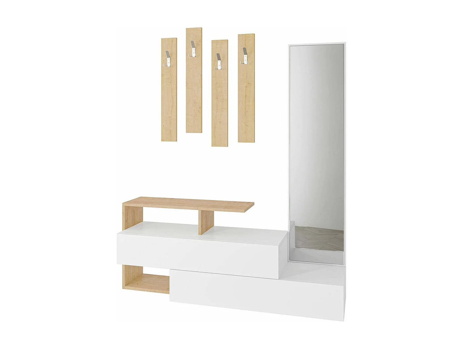 Meuble d'entrée Himalia, Crochet d'entrée, Composition pour l'atrium, Console de rangement multifonction, 137x35h55 cm, Blanc et chêne