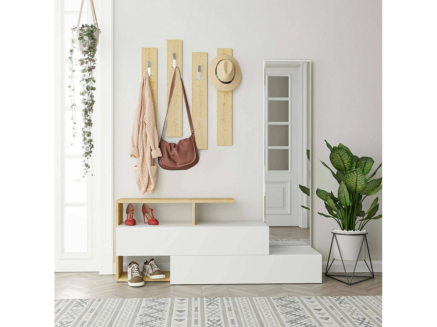 Meuble d'entrée Himalia, Crochet d'entrée, Composition pour l'atrium, Console de rangement multifonction, 137x35h55 cm, Blanc et chêne