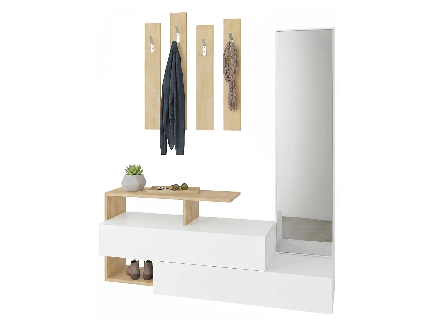 Meuble d'entrée Himalia, Crochet d'entrée, Composition pour l'atrium, Console de rangement multifonction, 137x35h55 cm, Blanc et chêne