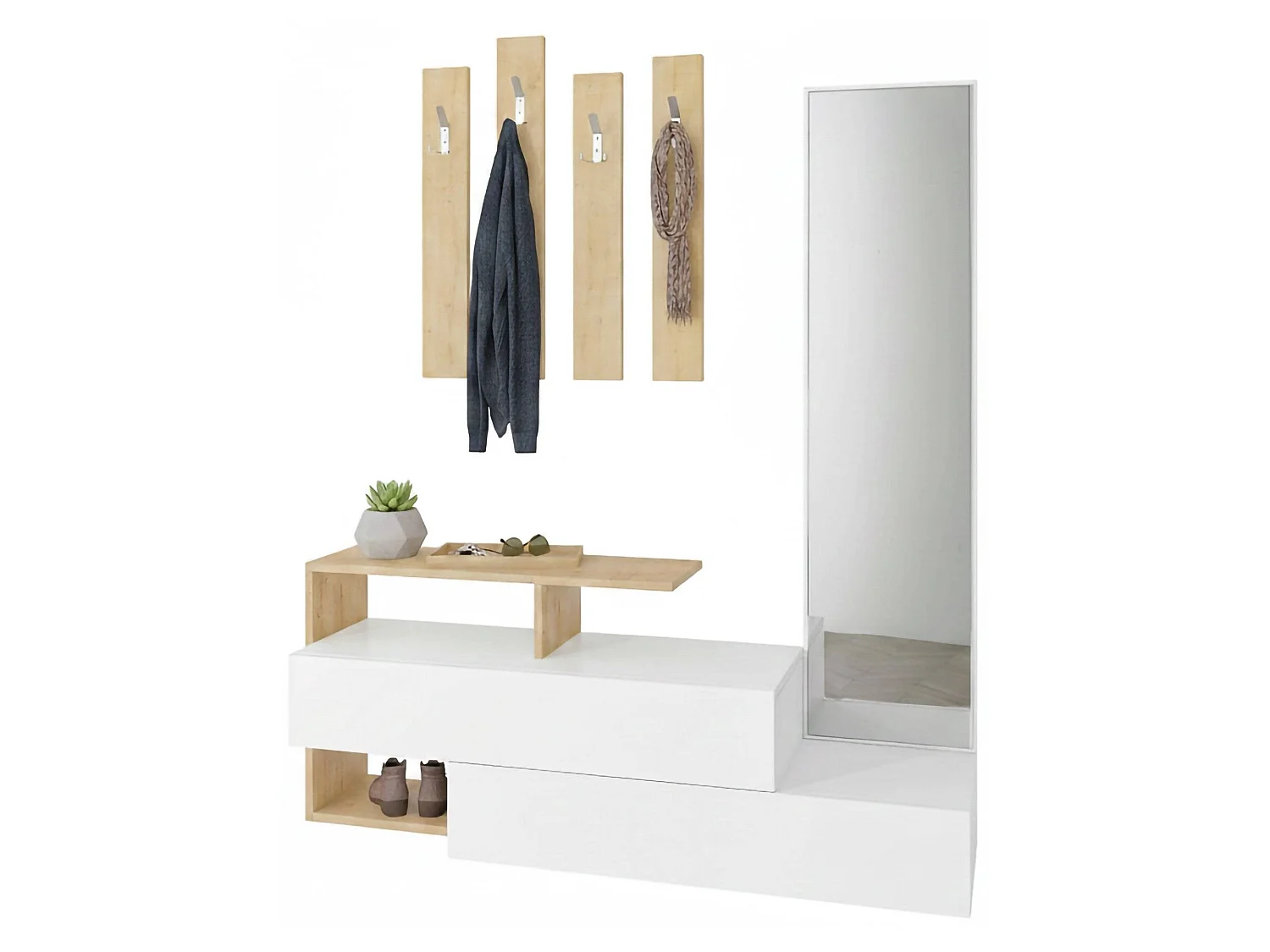 Meuble d'entrée Himalia, Crochet d'entrée, Composition pour l'atrium, Console de rangement multifonction, 137x35h55 cm, Blanc et chêne