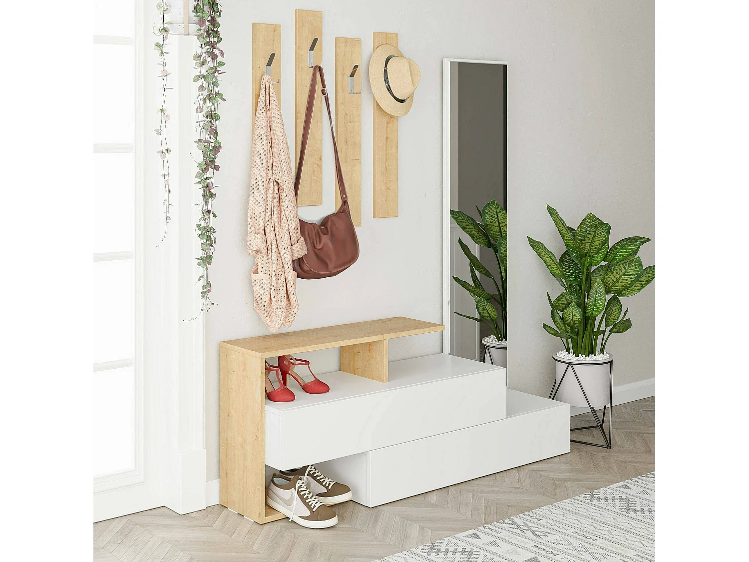 Meuble d'entrée Himalia, Crochet d'entrée, Composition pour l'atrium, Console de rangement multifonction, 137x35h55 cm, Blanc et chêne