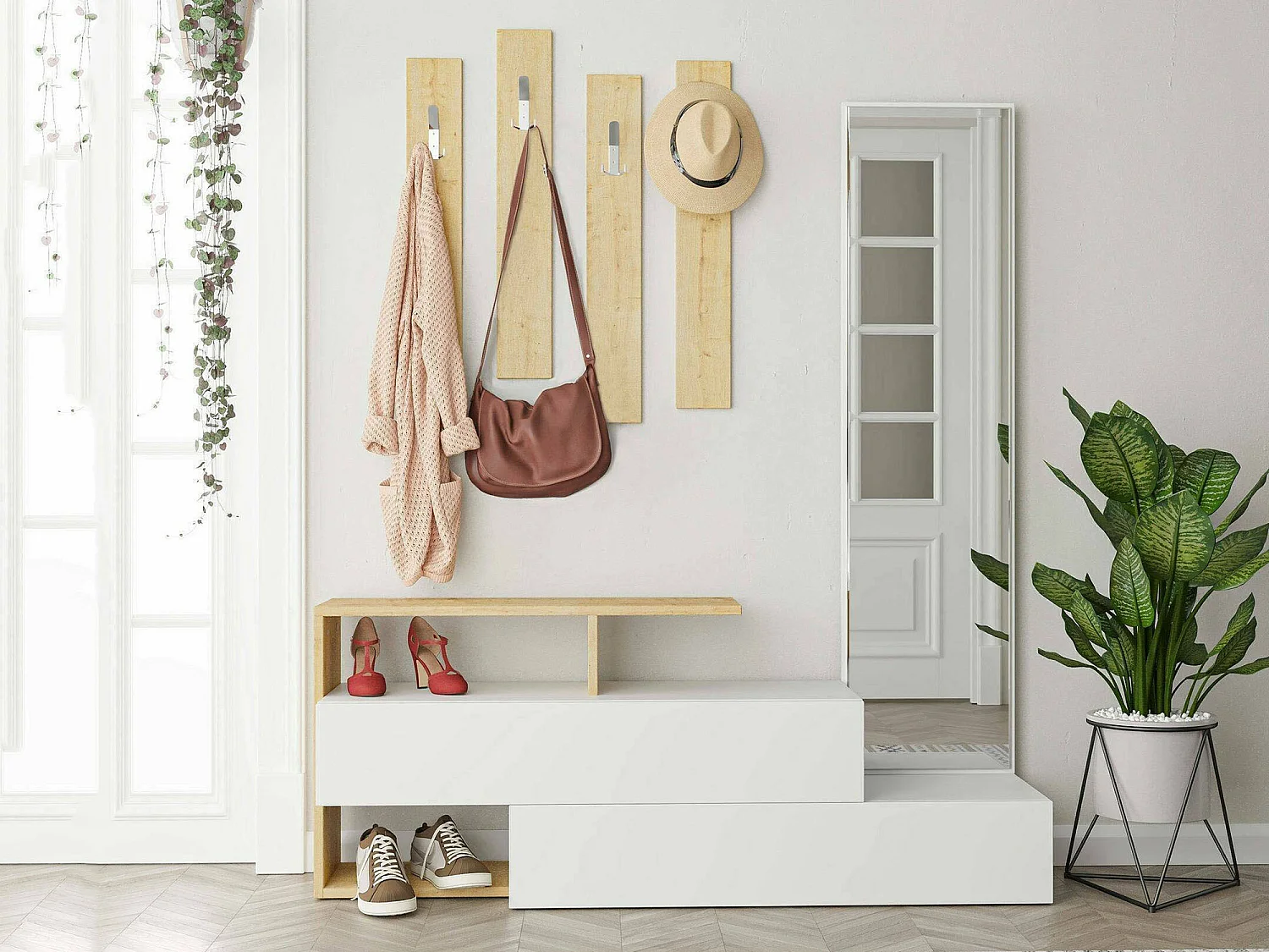 Meuble d'entrée Himalia, Crochet d'entrée, Composition pour l'atrium, Console de rangement multifonction, 137x35h55 cm, Blanc et chêne