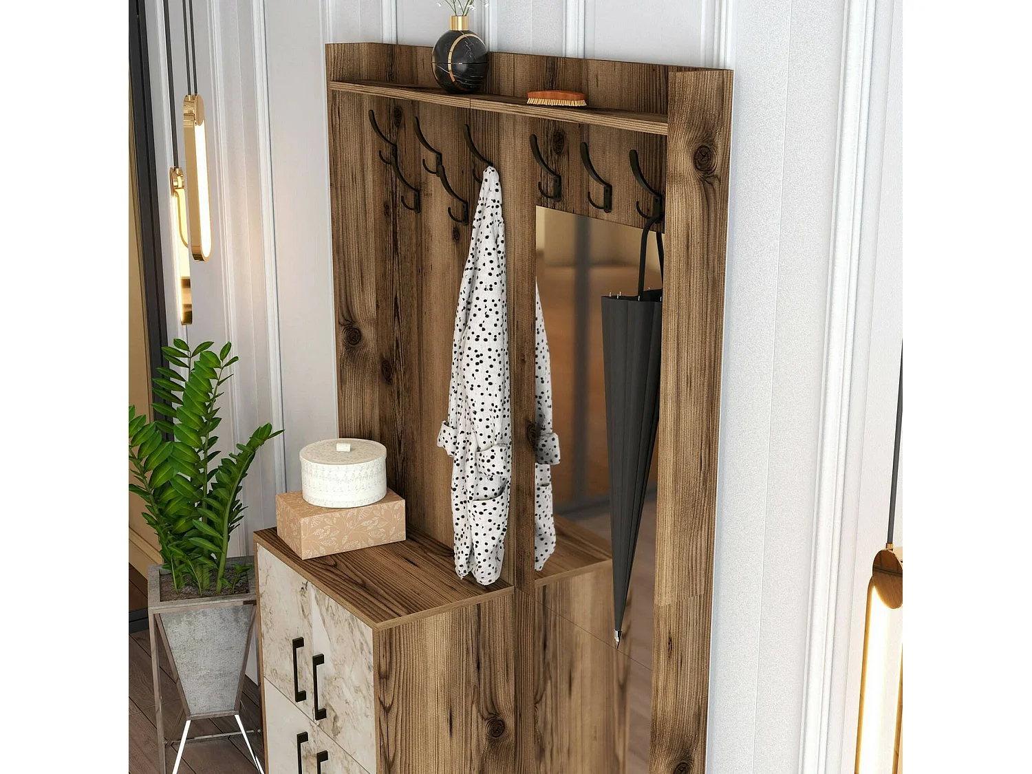 Armário de entrada Dperron, Entrada de cabide, Composição para átrio, Consola de armazenamento multifuncional, 120x35h200 cm, Nogueira e Branco